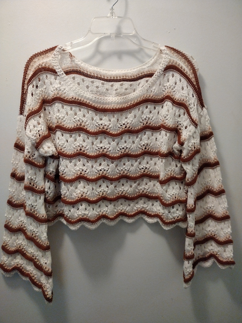 Crochet Striped Openwork Sweater Top - White & Brown